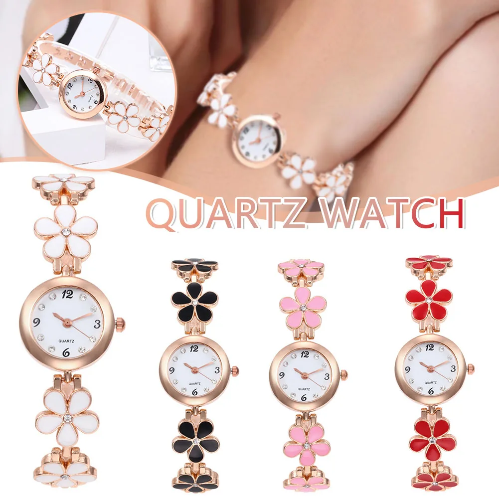 

Girl's Watch Flower & Rhinestone Chain Small Pointer Dial Watch Alloy Strap Elegant Design Quartz for Ladies Round d88