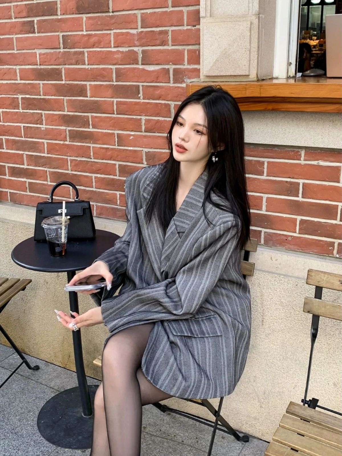 

EU IIWAN Faionable Striped ort Suit Jaet Women's Slimming Sli New Arrival Polyester Commute Sle Long Sve