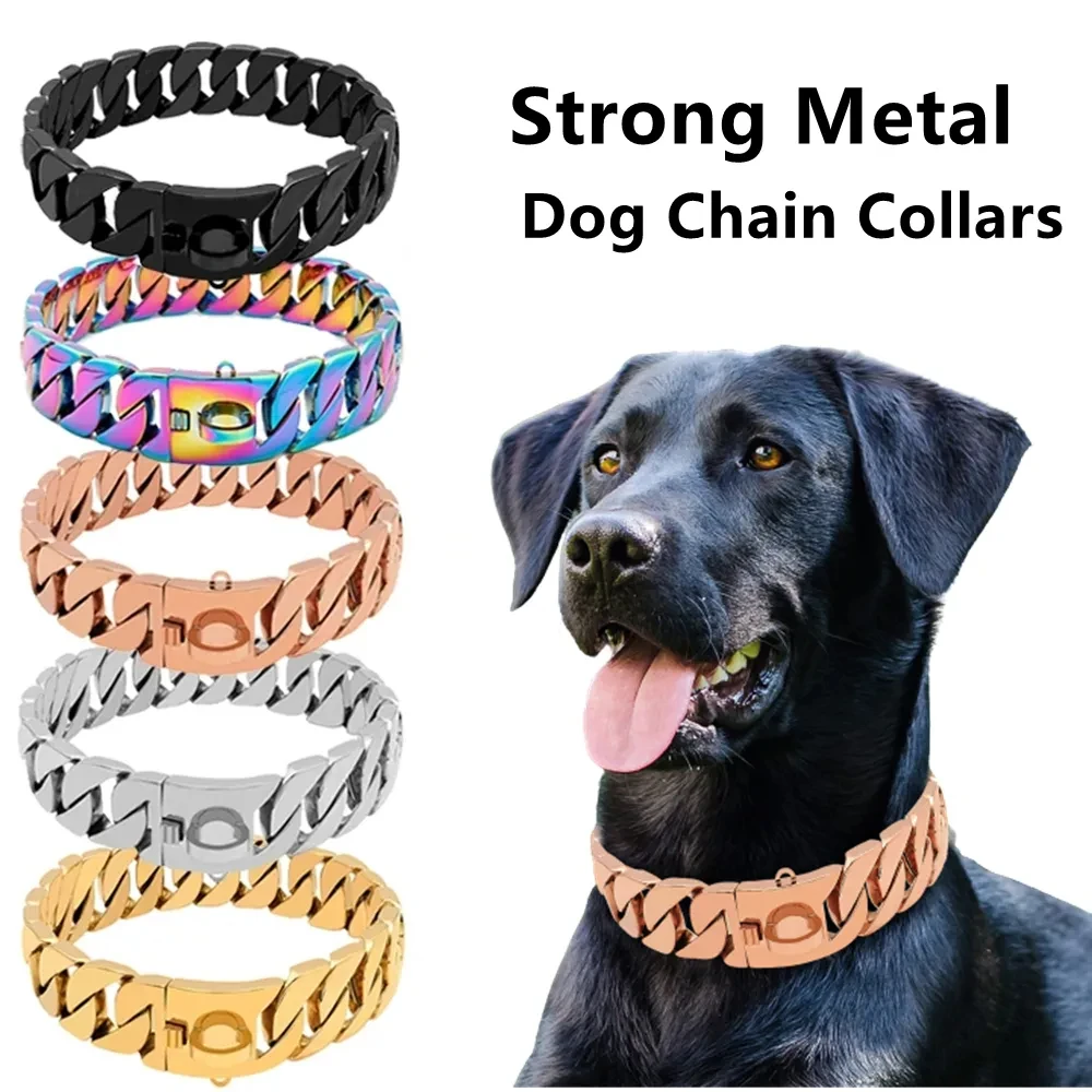 

Strong Metal Dog Chain Collars Stainless Steel Pet Training Choke Collar for Large Dogs Pitbull Bulldog Gold Solid Cuban Collar