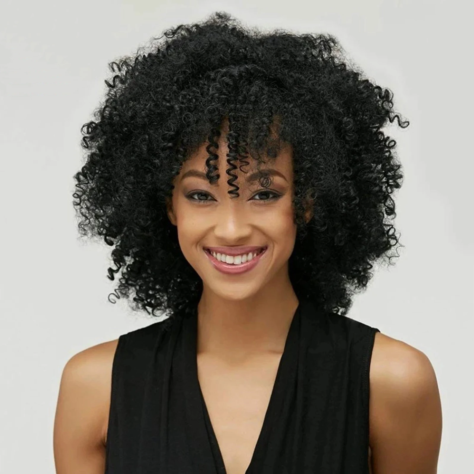 

180% Density Mongolian Remy Hair Wig Silk Skin Base Wig with Bangs Afro Kinky Curly Human Hair Wigs for Women Natural Black