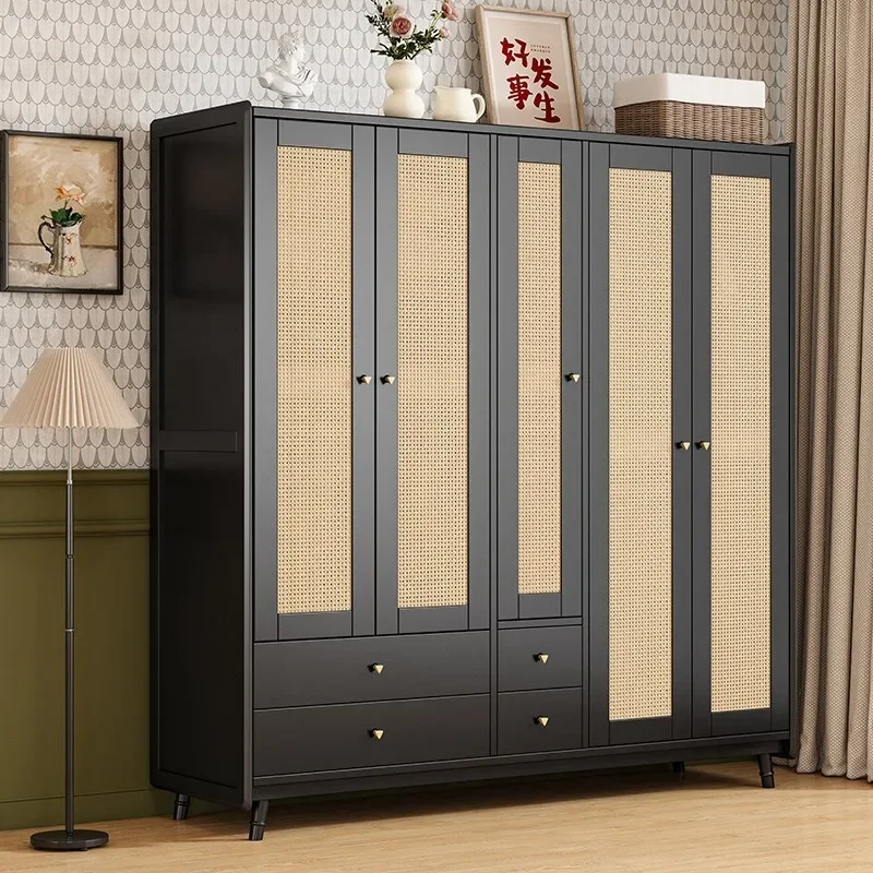 NEWSolid wood wardrobe modern simple home bedroom wabi sabi black rattan wardrobe three four five door wardrobe