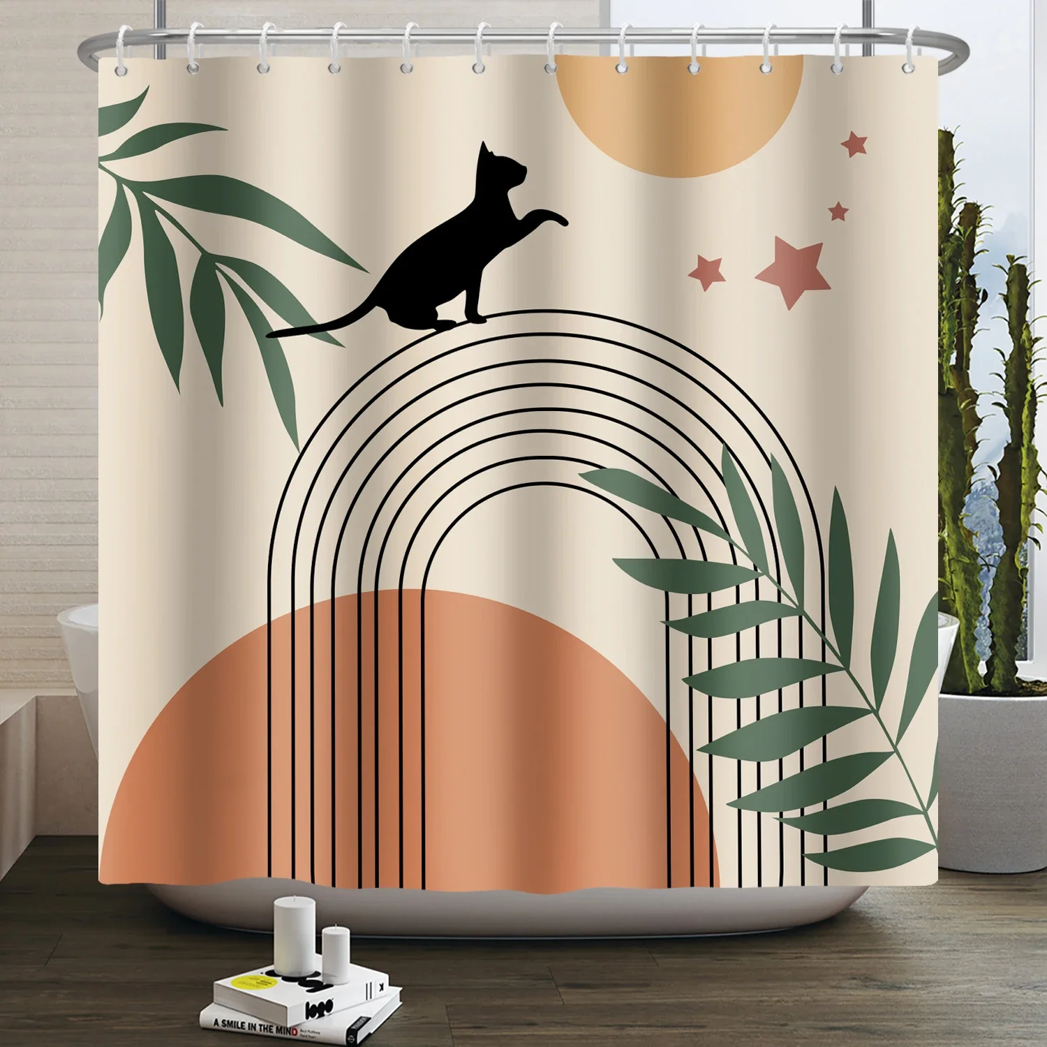 Mid Century Boho Shower Curtain for Bathroom Cat Modern Abstract Geometry Arch Sun Aesthetics Bohemian Shower Curtain Waterproof