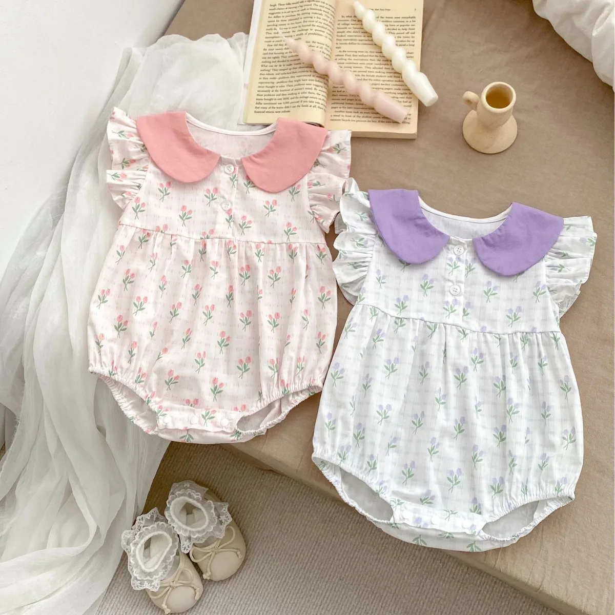 

2024 Summer New Baby Girl Floral Flying Sleeve Bodysuit Newborn Cotton Clothes Infant Toddler Peter Pan Collar Jumpsuit 0-24M