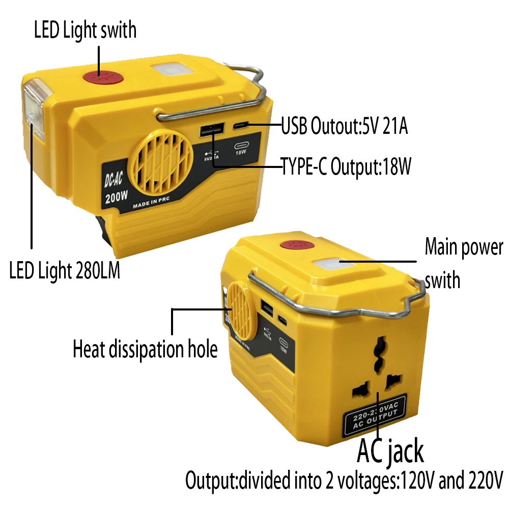 For Dewalt Battery Power Inverter DC 18-20V AC 120V/220V Dual USB Outdoor Camp Battery Adapter Power Tool Accessories With LED