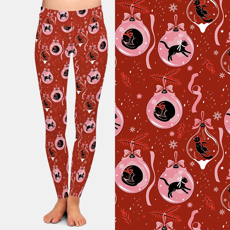 LETSFIND New Women Comfortable Warm Pants Fashion High Waist 3D Christmas Balls and Black Cats Print Fitness Slim Full Leggings