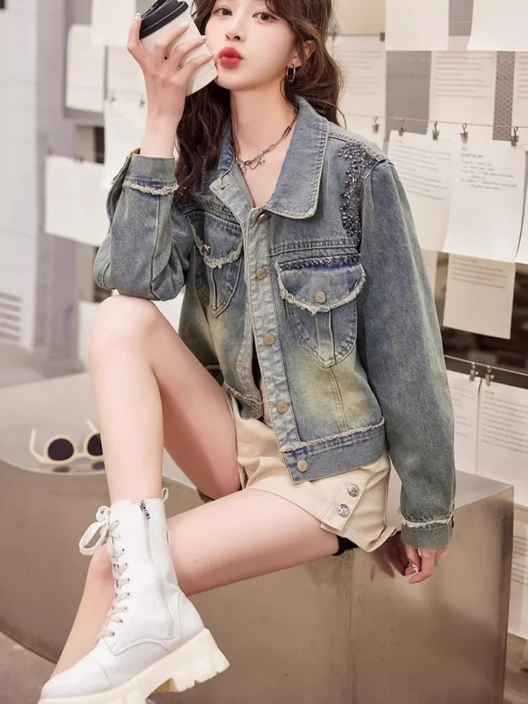 SMTHMA High-Quality Retro Fringed Luxury Pearl Denim Short Jacket Women\'s Clothing 2026 New Spring Autumn Casual Soft Jacket Top