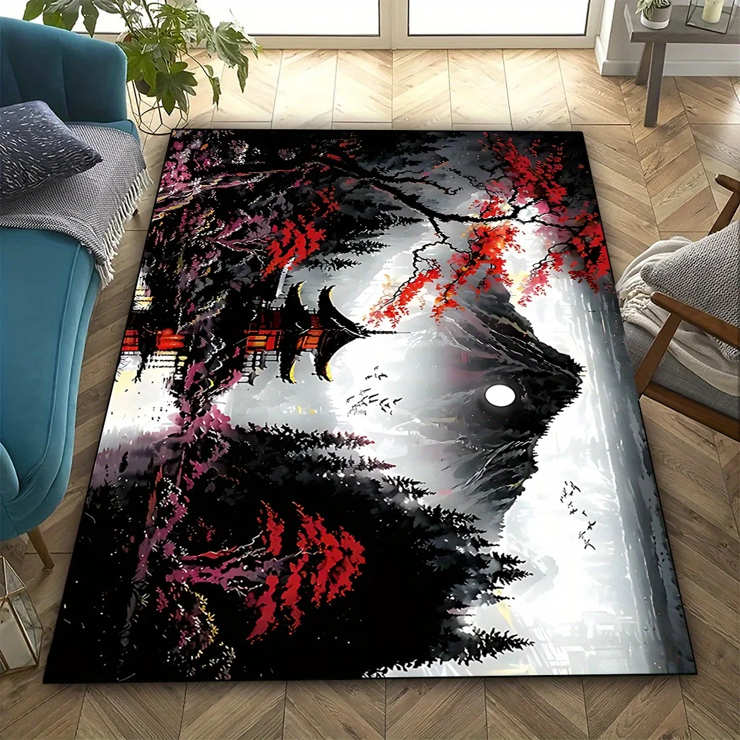 1pc Japanese Cherry Blossom & Mountain Pattern Rectangular Area Rug, Machine‑Washable Polyester, Vibrant Nature‑Inspired Indoor