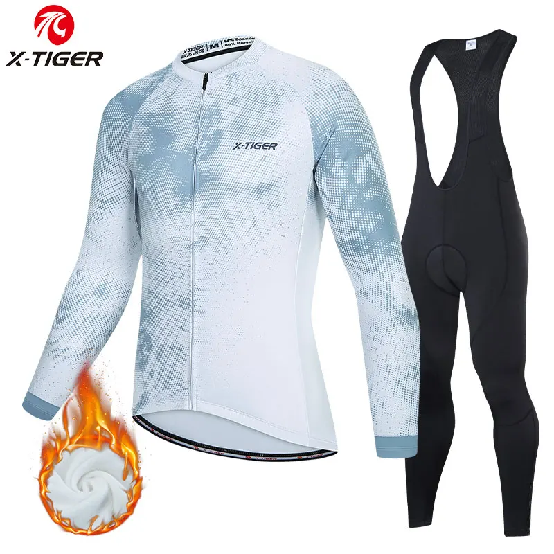 

X-TIGER Thermal Fleece Cycling Set Winter Long Sleeve MTB Racing Bike Jersey Suit For Men Bib Pants Set Cycling Clothing