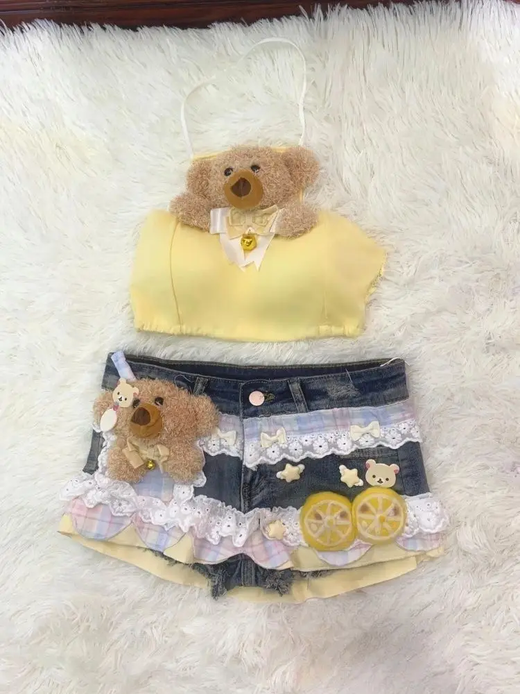 

Элегантный сладкий сексуальный комплект из 2 предметов 2000-х годов, женский топ с лямкой на шее Y2k в стиле Харадзюку + джинсовые брюки в стиле ретро, женская шикарная корейская популярная одежда