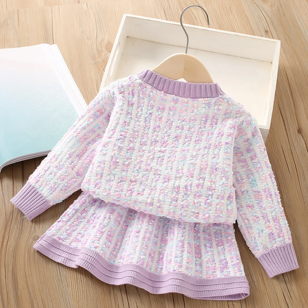 MILANCEL Girls' Sweater Coat Set Spring Autumn Trendy Children's Knitted Clothes Set Contrast Color Cardigan and Skirt 2Pcs image 5