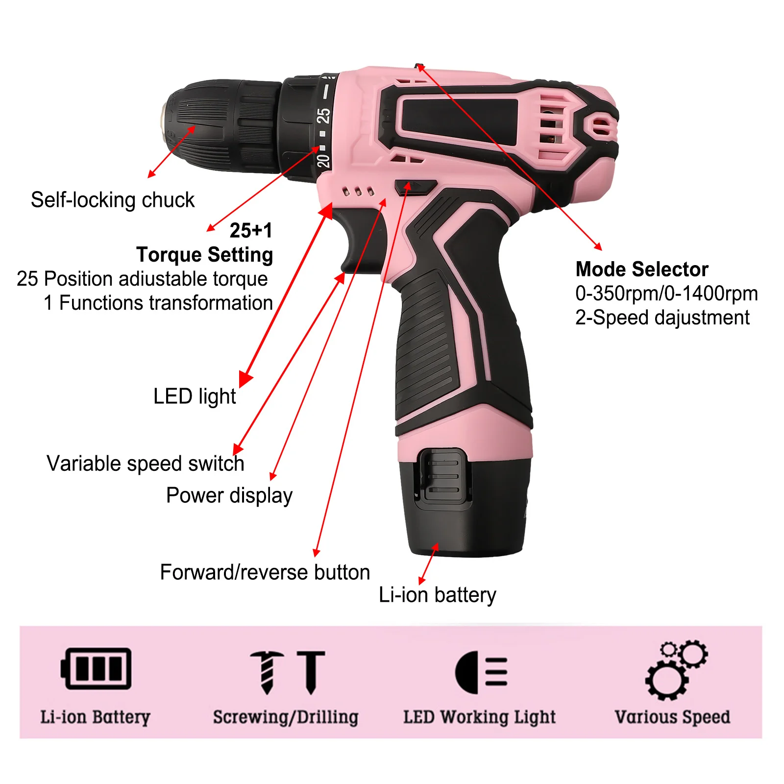 Cordless Electric Drill Compact Drill HSS4341 Drill Bits Lightweight Lithium-ion Battery Pink Drill Kit Rechargeable