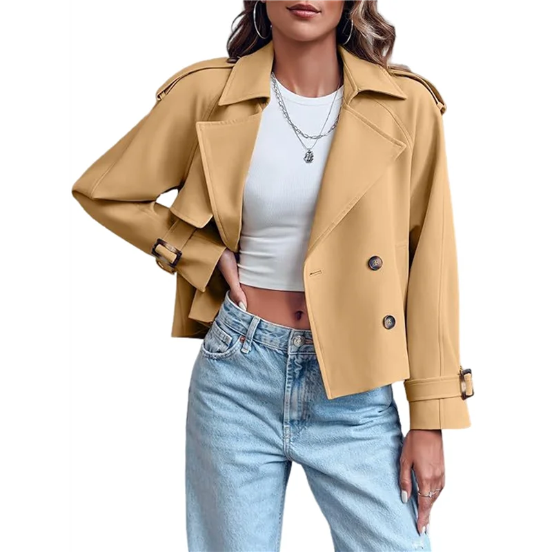 

ABCA-Женские двубортные плащи с длинными рукавами и зубчатыми лацканами, повседневные свободные укороченные плащи с карманами