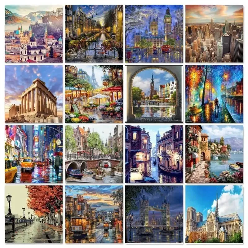 

605462 City Landscape Painting By Numbers For Adults HandPainted Kits Oil Picture On Canvas Framed Drawing Coloring By Number