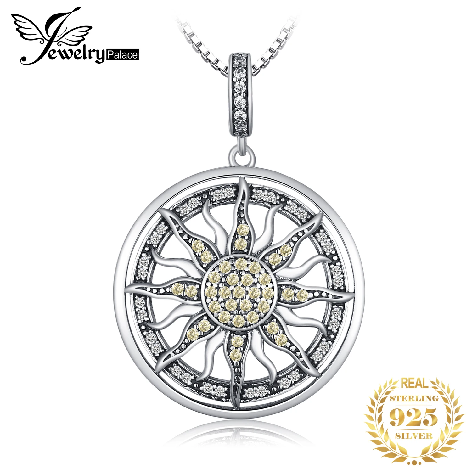 JewelryPalace Celestial Sun 925 Sterling Silver Cubic Zirconia Charm Statement Pendant Necklace Women Jewelry No Chain