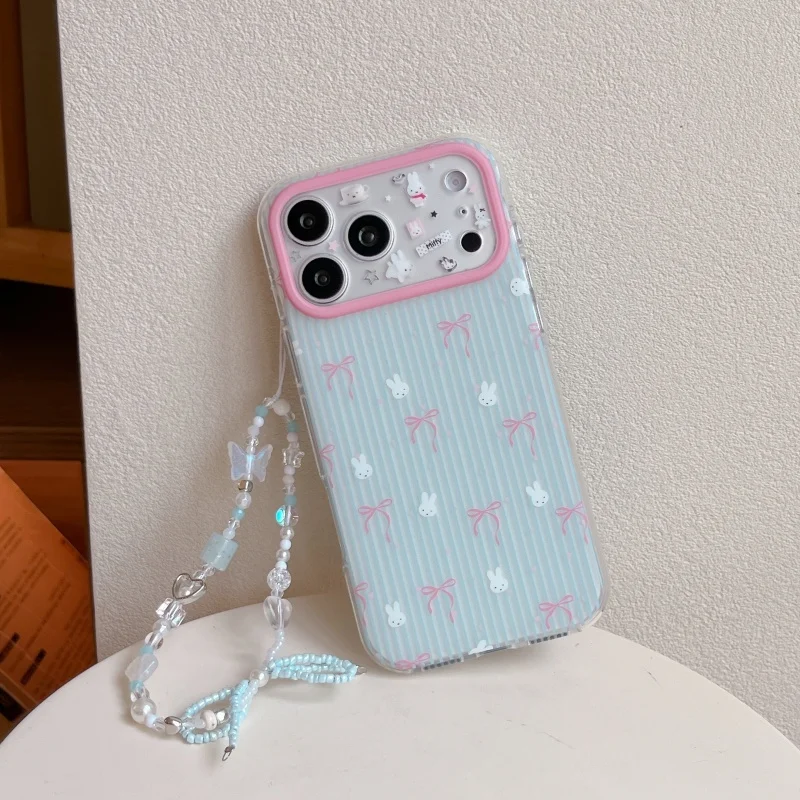 Luxury Stripe Bow Miffy Phone Case for iPhone 15 16 17 18 Pro Max Lovely Cartoon Angel Wings Miffy Star Bracelet Anti-Fall Cover