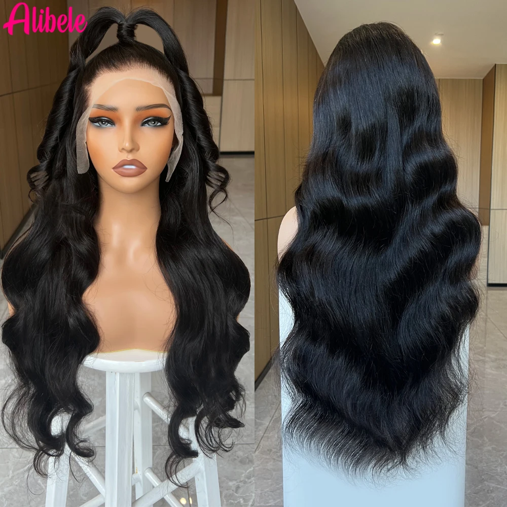 

ALIBELE Body Wave 13X6 Lace Front Human Hair Wigs Transparent Lace 210 Density Wig Pre Plucked Natural Black For Woman