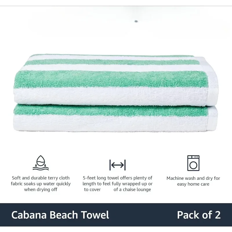 Cotton Terry Cabana Stripe Pool & Beach Towel, Soft & Absorbant, 2-Pack, Green, 30