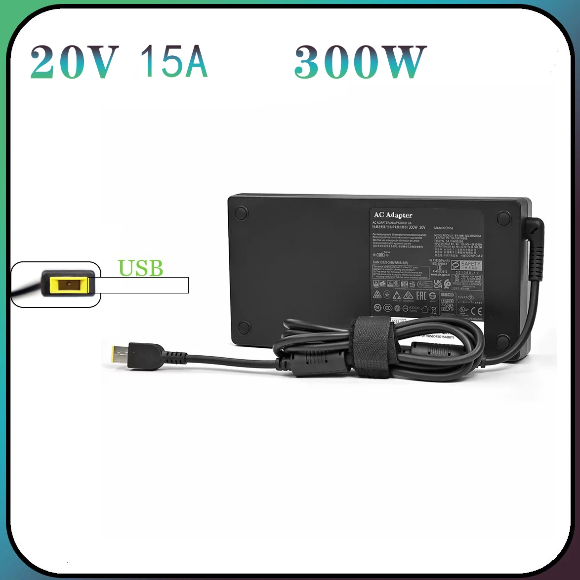 For Lenovo ThinkPad USB Laptop Adapter Charger 20V 15A 300W for R9000P R9000K Y9000K R7000P 9000P 9000K ADL300SDC3A SA10R16956