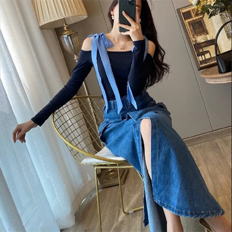 Gonne a trapezio in denim con doppio bottone aggraziato francese 2024 Primavera Estate Coreano Lady Fashion Fashion Gonna divisa Jeans femminili