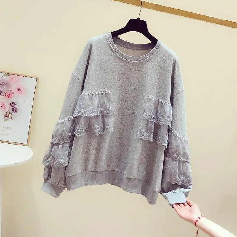 Matakawa Grey Hoodies Women Tops Beading Lace Ruffles Solid Retro Sweatshirt Autumn Winter Korean Fashion Loose Sudaderas Mujer