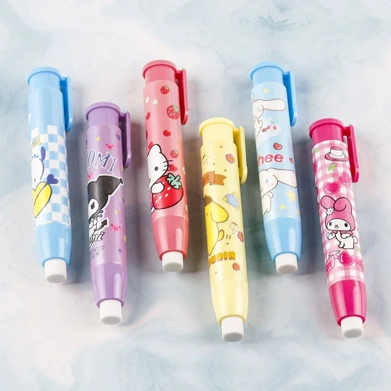 New Sanrio Press Eraser 12/24pcs Students Kawaii Stationery Cute Automatic Eraser Clean Rubber Children Birthday Gift Wholesale