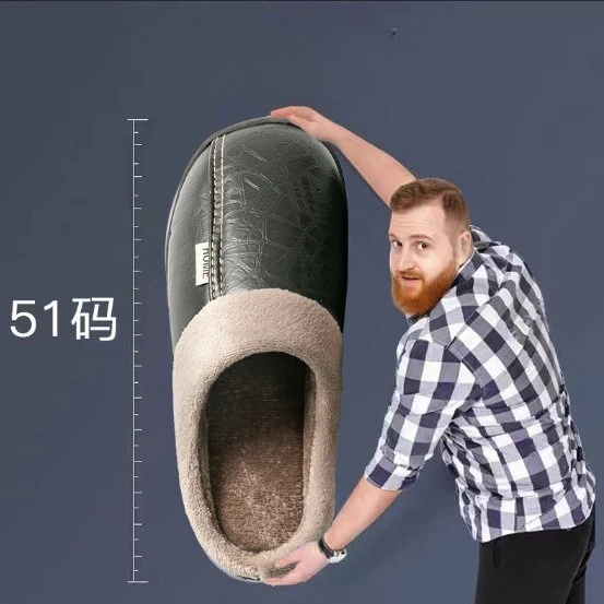 

Big Size Winter Casual Men's Slippers Indoor Waterproof PU Leather Home Shoes Fur Flat Warm Fashion Bedroom Houseshoes Wholesale