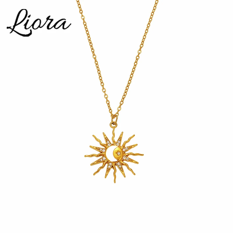 

Liora Bright Zircon Sun Drop Ocean Style Pendant Stainless Steel Necklace For Women Gold Plated Collarbone Choker Beach Jewelry