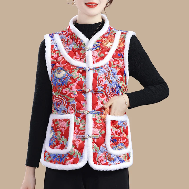 

Warm Add Velvet Camisole Vest Middle-aged Elderly Women Vest Waistcoat Chinese Style Autumn Winter Thick Printing Jacket Coat