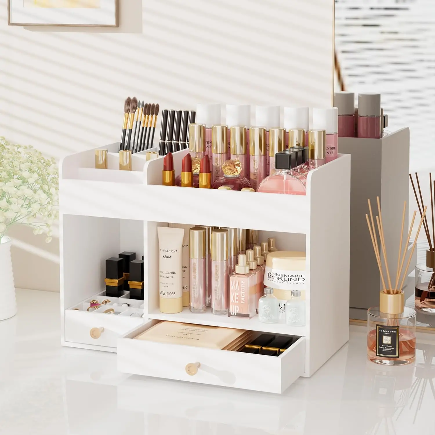 Large Makeup Organizer with Drawers, Bamboo Countertop Cosmetic Storage for Dresser Vanity Organizer Beauty Desk Skincar