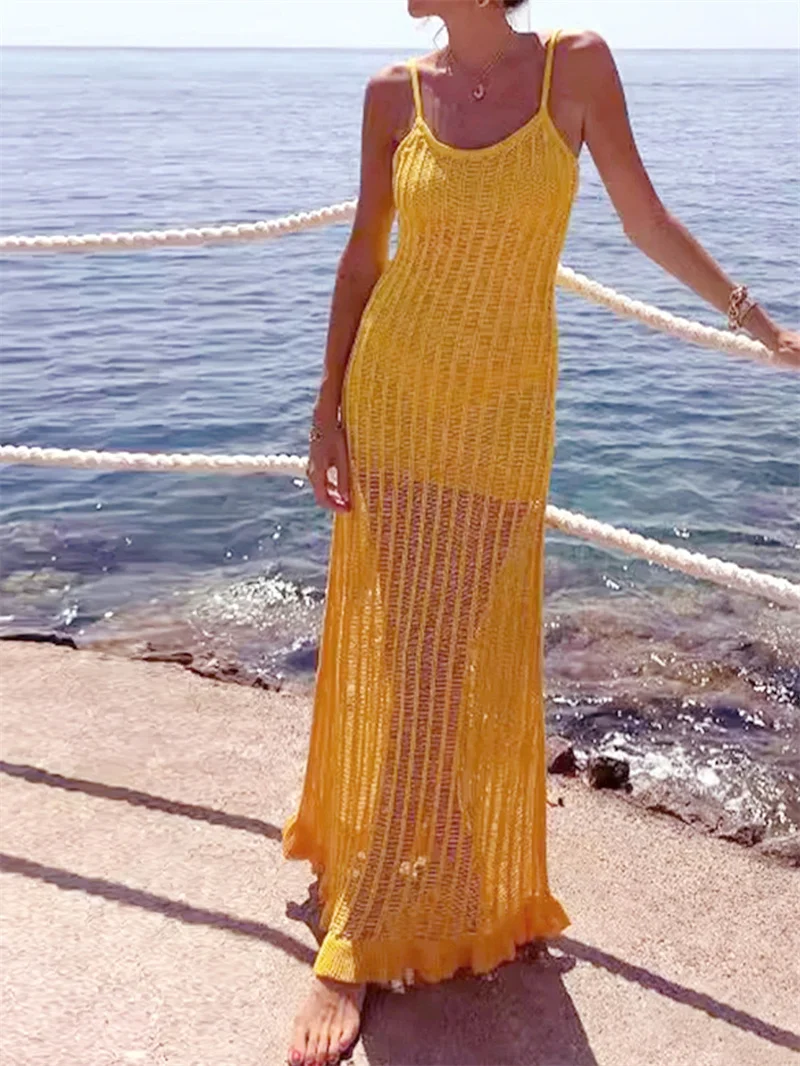 

Sexy Backless Ruffle Long Knit Dress Beach See-through Crochet Bikini Cover-Up Swimsuit Female Summer Hollow out Outfit