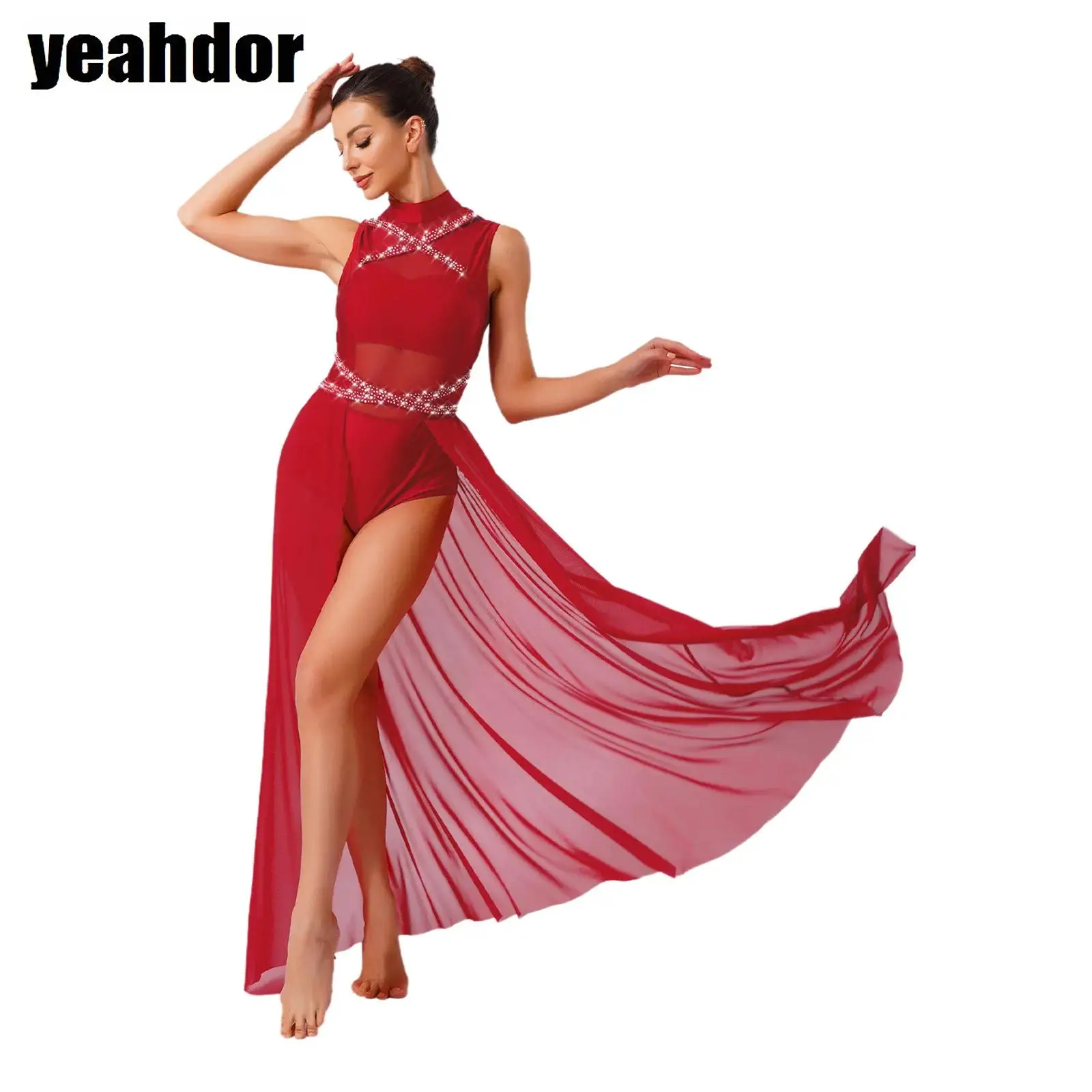 

Women Modern Lyrical Dance Dress Turtleneck Sleeveless Backless High Waist Rhinestone Skating Contemporary Performance Dancewear