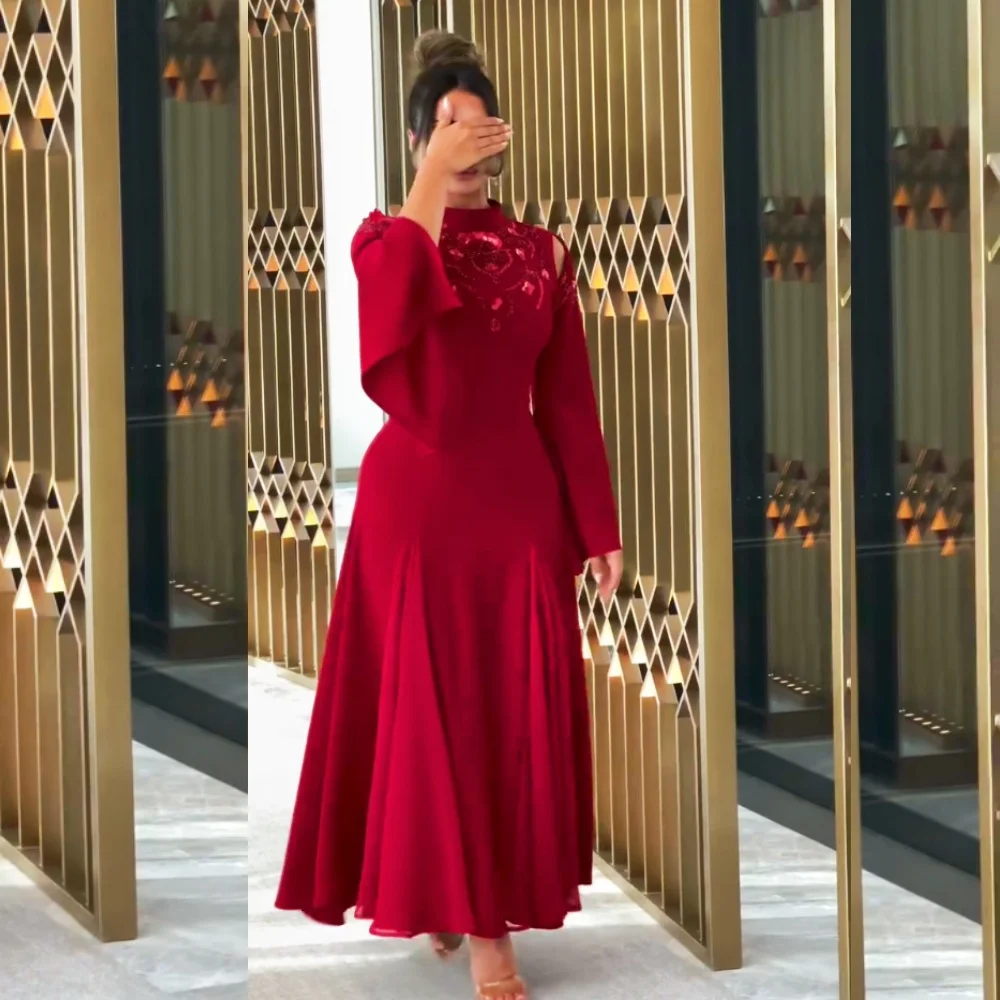 

Customized Jersey Rhinestone Applique High Collar Trumpet Midi Dresses Bespoke Occasion Women Evening Wedding Elegant Glitter