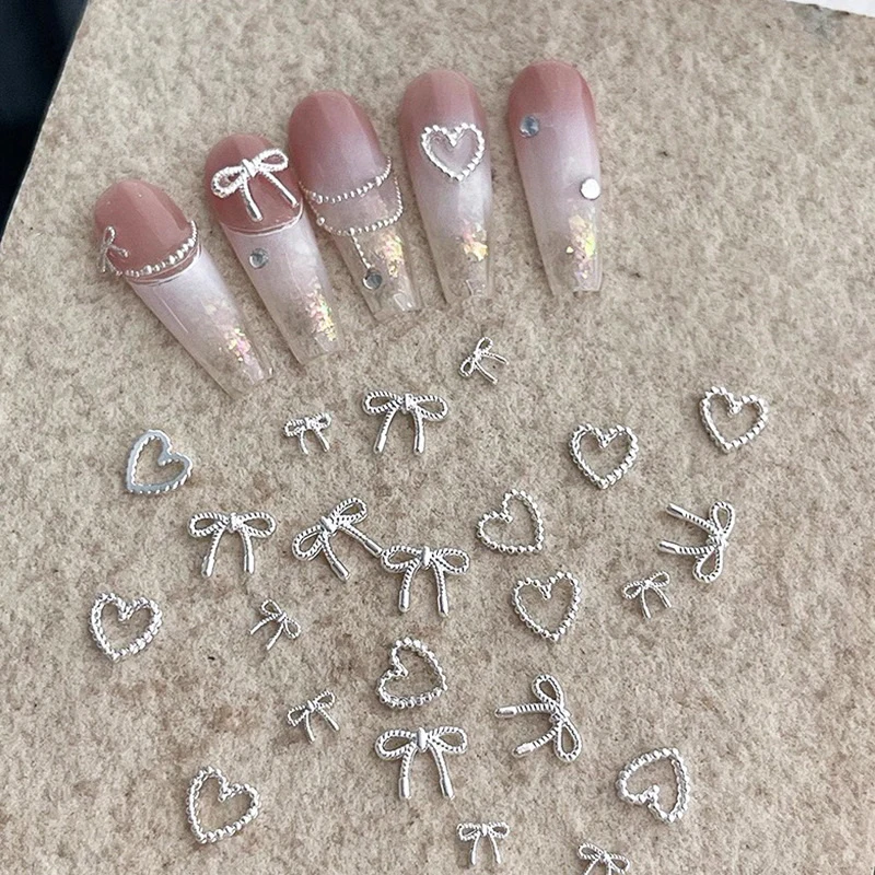 10개 합금 리본 사랑 네일 아트 장식품 3D 럭셔리 메탈 실버 리본 모양 쥬얼리 DIY 매니큐어 디자인 용품