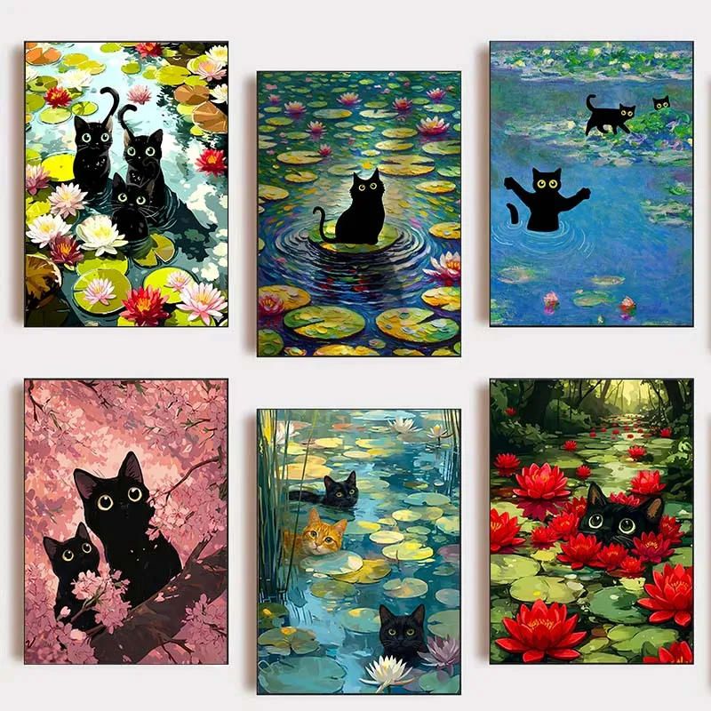 Humor Black Cat Japanese Landscape Wall Art Posters Minimalist Print Monet Canvas Painting for Living Room Modern Home Decor
