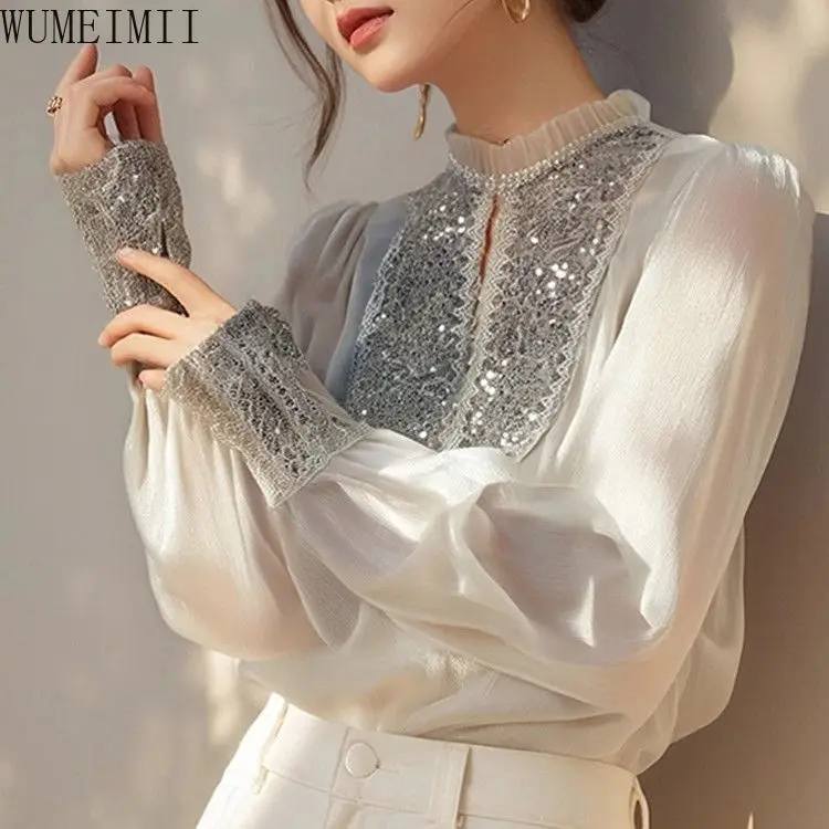 sequined shirt women's high-end sense of light luxury  2025 spring new design sense slim top  blusa mujer