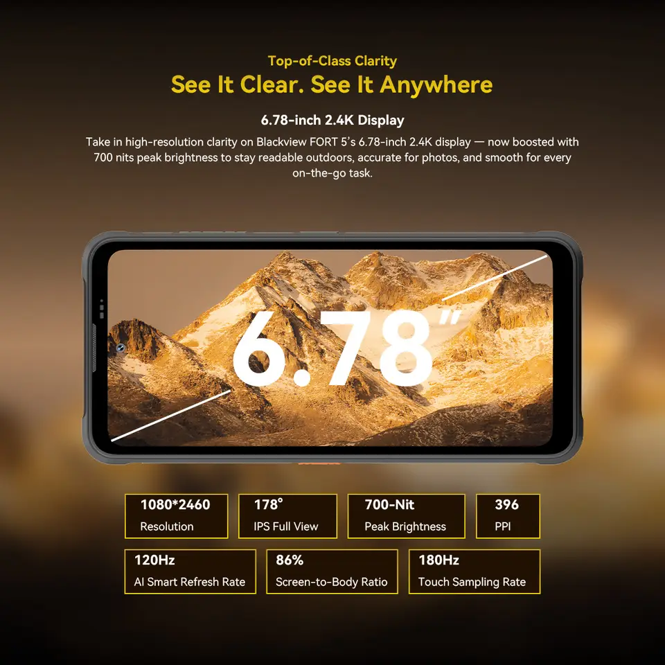 【عرض عالمي أول】هاتف Blackview Fort 5 المتين بشاشة 6.78 بوصة بدقة 2.4K ومعدل تحديث 120 هرتز وكاميرا 108 ميجابكسل ومكبر صوت 2 واط بتصنيف IP68 وIP69K - 5