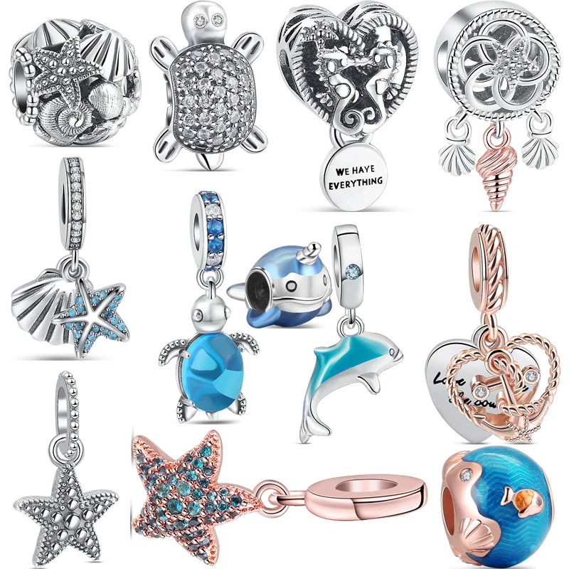 

New Summer Glass Turtle Dolphin Seashell 925 Silver Charms Beads Fit Original Pandora Bracelet DIY Ocean Series Sky Blue Jewelry