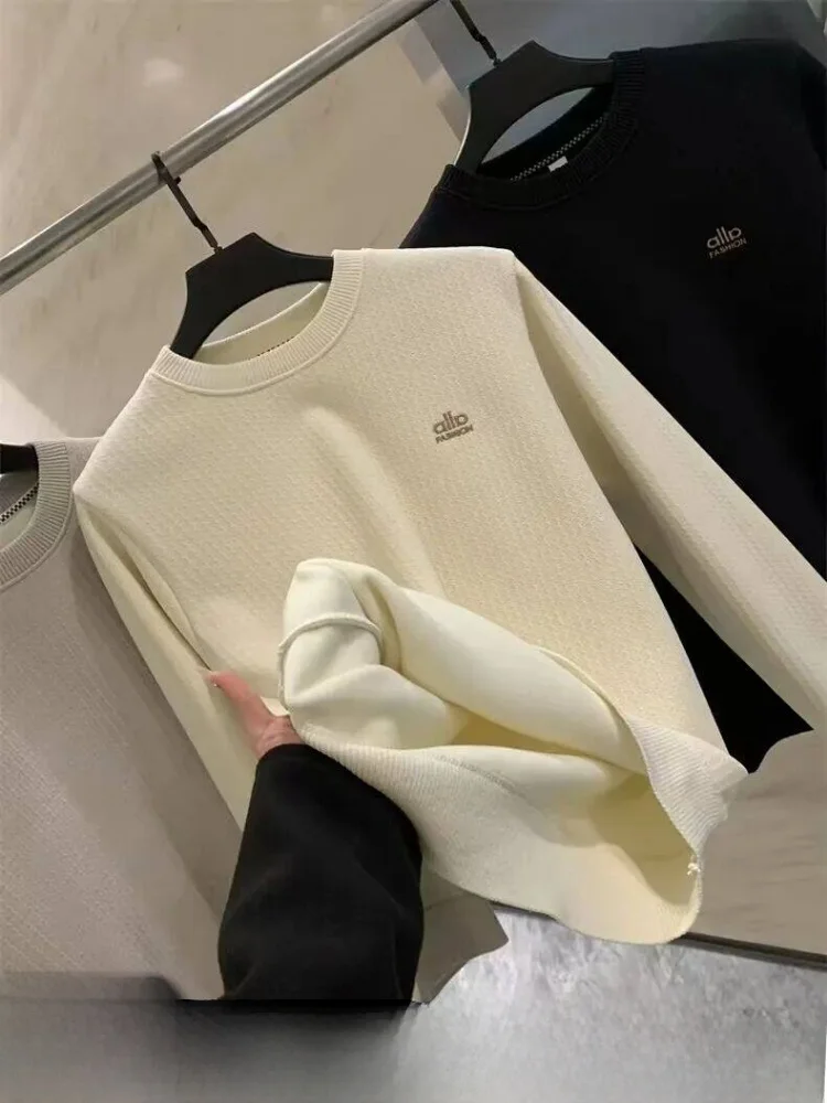 

Cloud Velvet Thiened Smooth High Elastic Autumn Winter Men's Faion Casual Vertical Stripe Texture Knitted Base Sweatirt