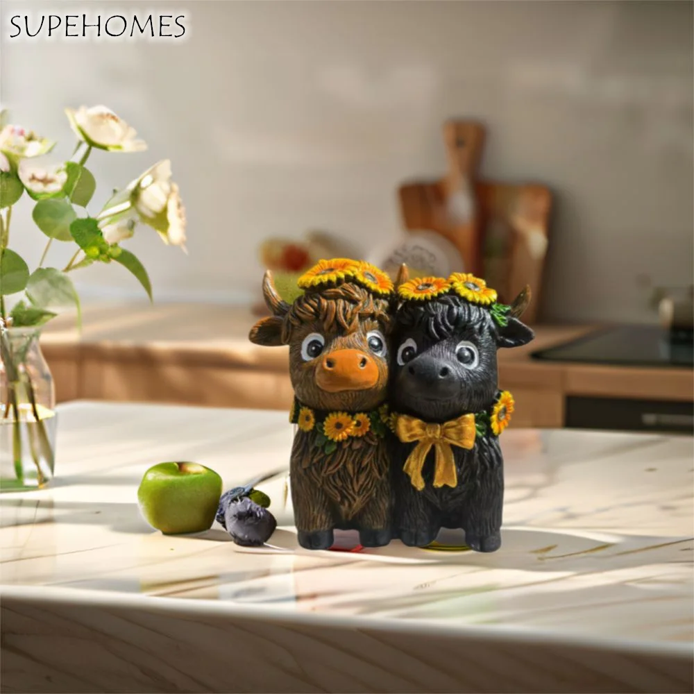 

Spring Sunflower Highland Cow Figurines Resin Funny Highland Cow Gnomes Ornament Handmade Unique Calf Lovers Gifts