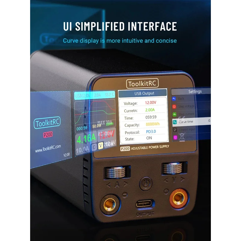 ToolkitRC P200 V2 30V 10A Power Supply, AC100W/DC200W Adjustable, Type-C Output, Desktop Charger for RC/FPV