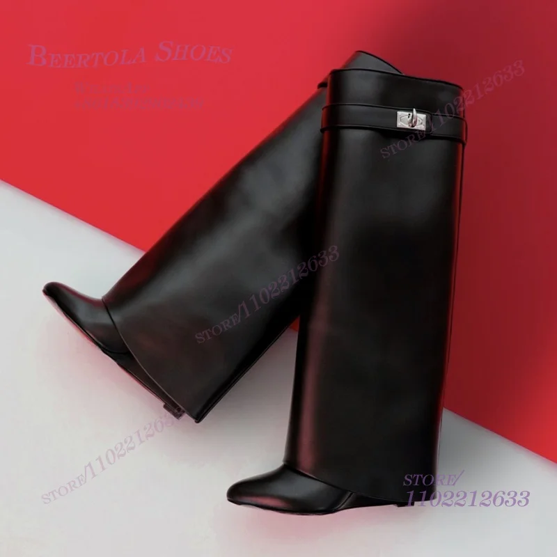 Silver Lock Knee Black Leather Straight Boot Women Wedge Heel Hard Metal Belt Buckle Casual Spring Fashion Shoes Cool Girl Round