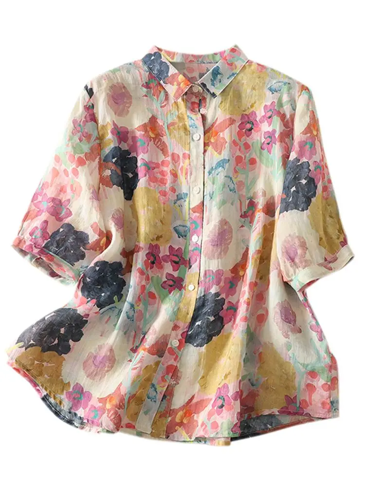 Retro Print Cotton Linen ort Sve irt Women's Loose Fit Summer Slimming Large Size Casual Busin Office Wear