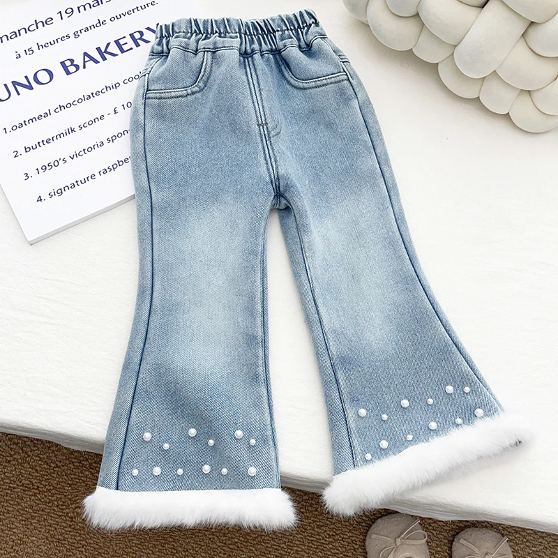 Girls' Jeans Autumn and Winter New Western Style Children's Fleece-Lined Bell-Bottom Pants Baby Winter Clothes Pants
