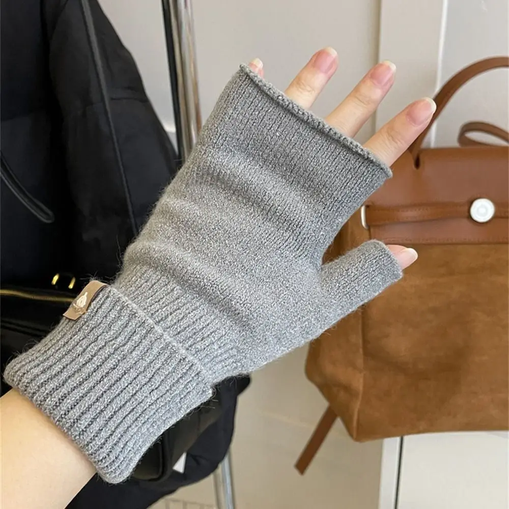 Gants Longs Demi-Doigt pour Femme, Manches Tricotées, Mitaines Solides Sans Doigts pour Étudiants, Chauds, Automne et Hiver