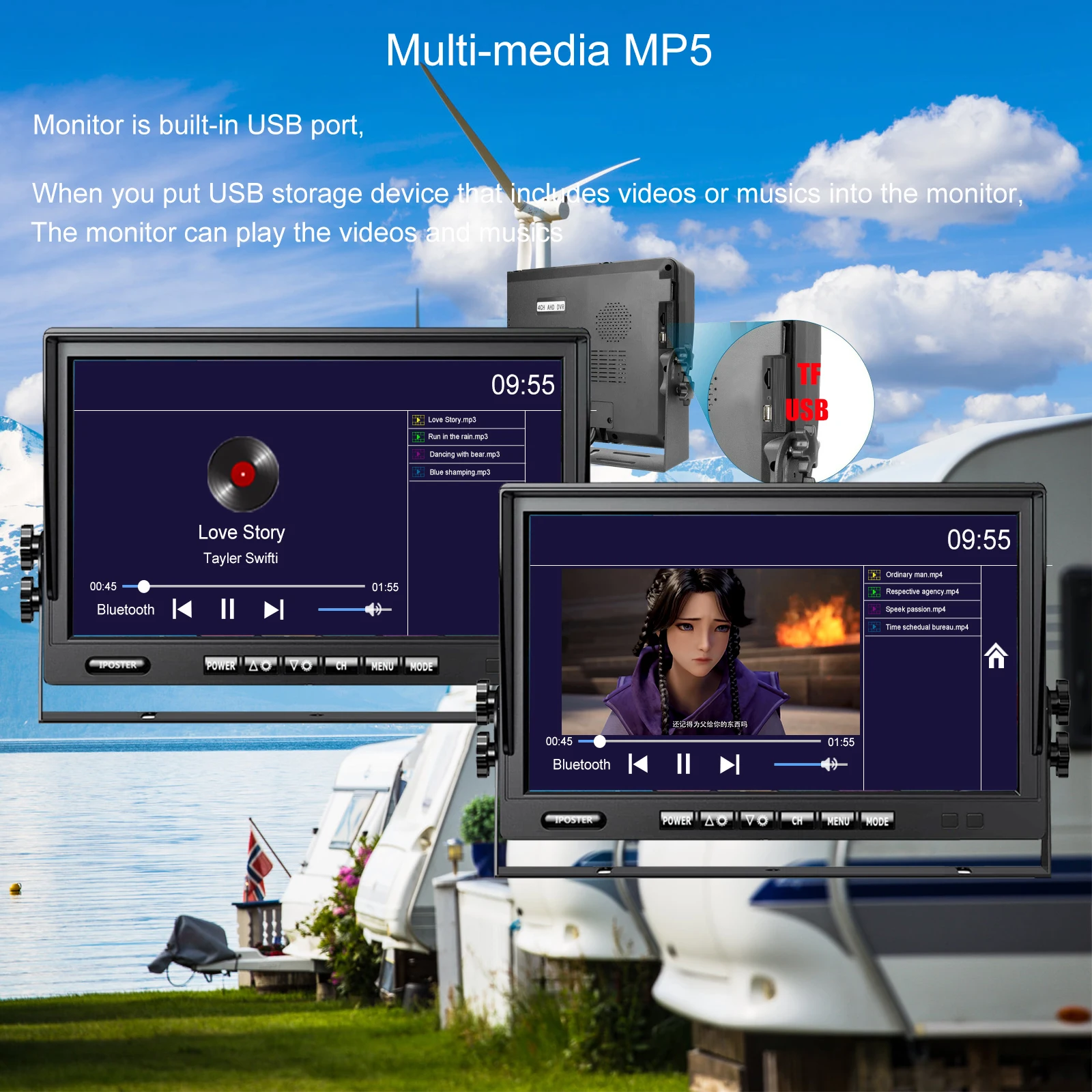 9 Inch IPS Screen AHD Monitor Split Screen DVR Loop Recording 360 View Front Side Rear View Backup Cameras Reversing Aid Night Vision Waterproof 12-36V For Heavy Duty Truck Bus Rv Caravan Camper Horse Float Boat Tractor