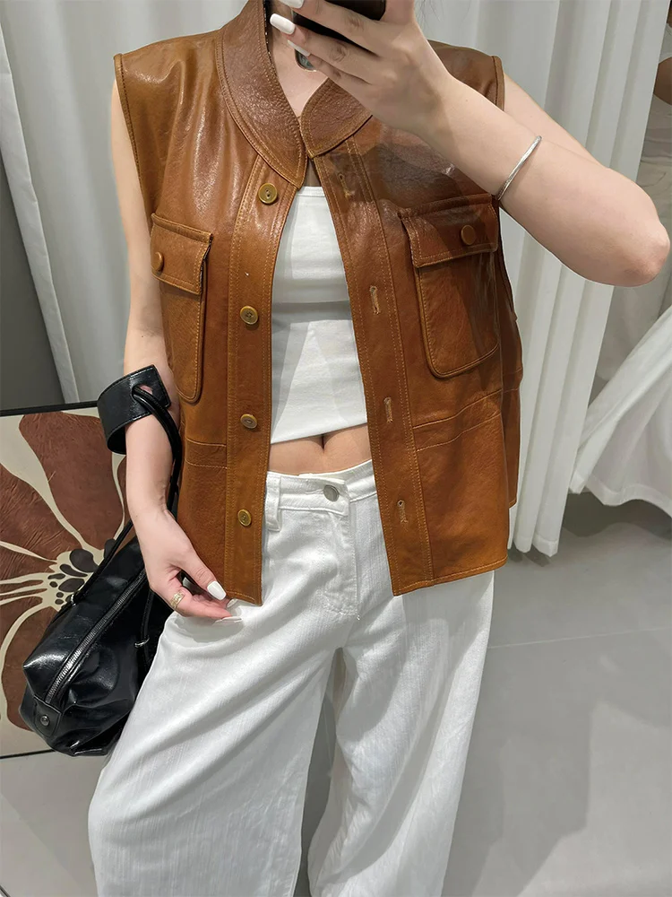 Neue Mode Frauen Natürliche Echte Schaffell Leder Weste Weibliche Echte Lammfell Weste Jacke Rundhals Streetwear