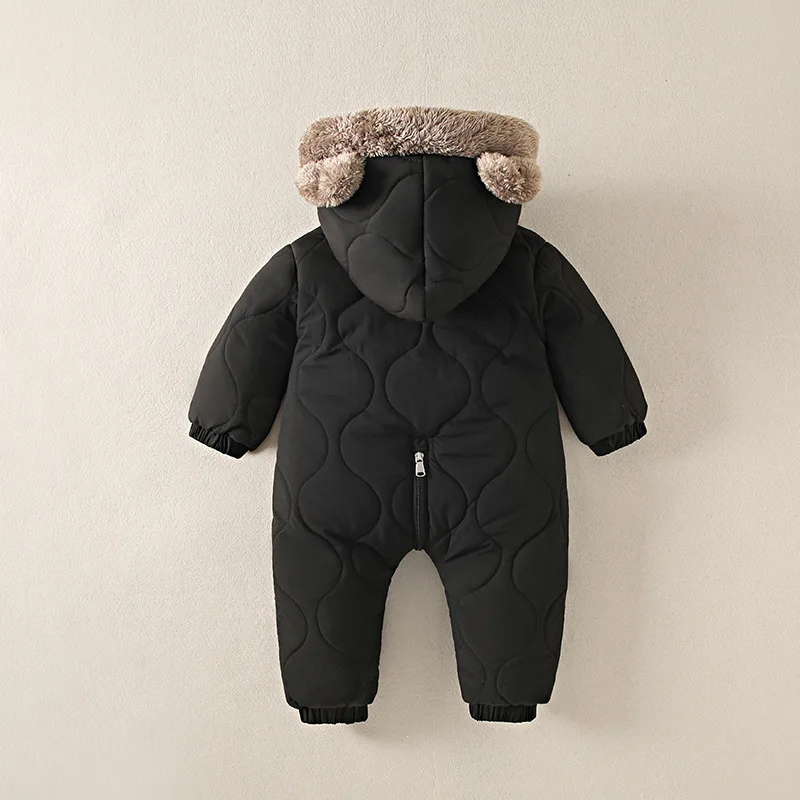 New Baby Winter Plush Thick Solid Color Rabbit Ear Hooded Outdoor Windproof and Warm Jumpsuit for 0-2 Years Old