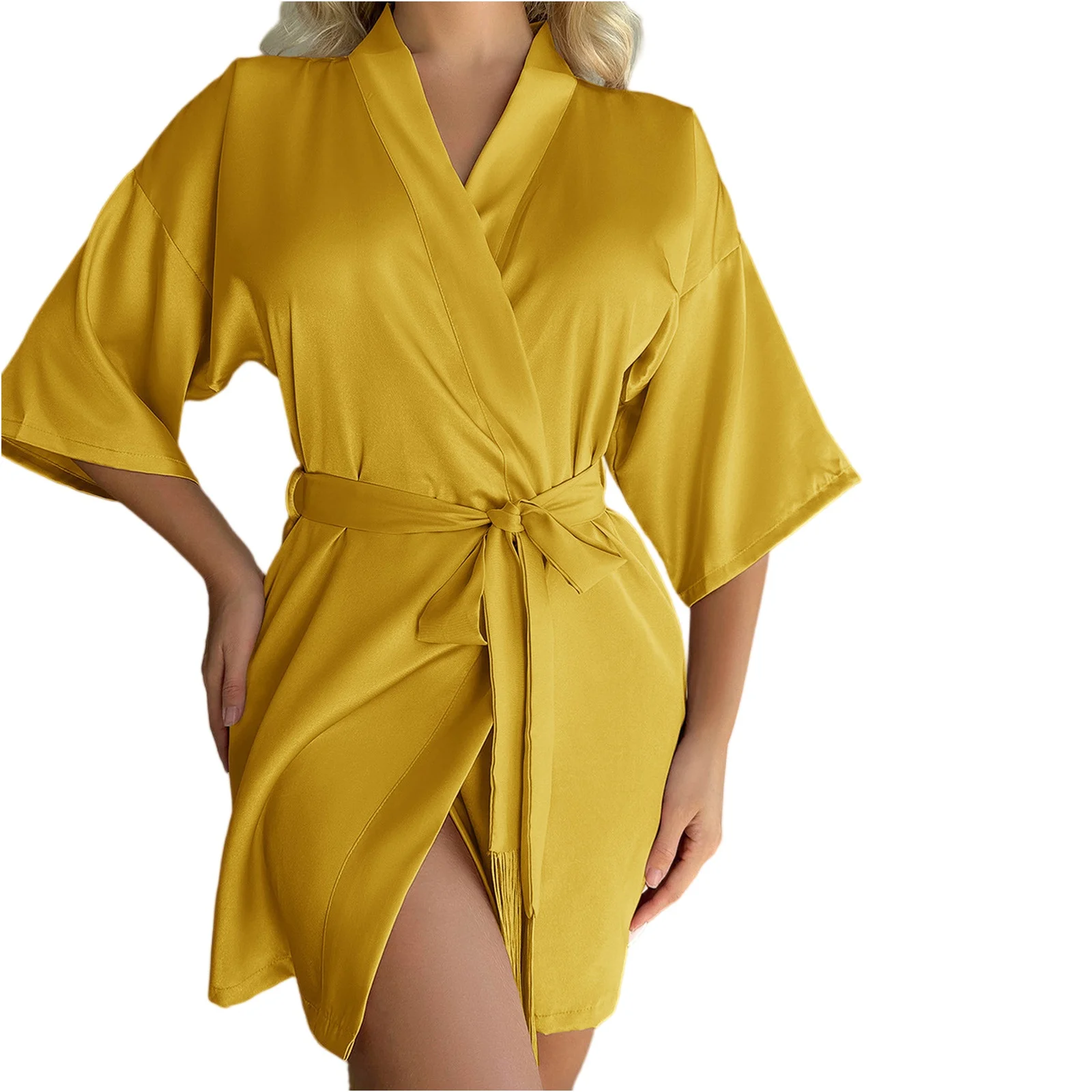 Ladies' Basic Lightweight Pure Color Mid Sleeved Tassel Bathrobe Fashion Soft and Comfortable Skin-friendly Lingerie Homewear