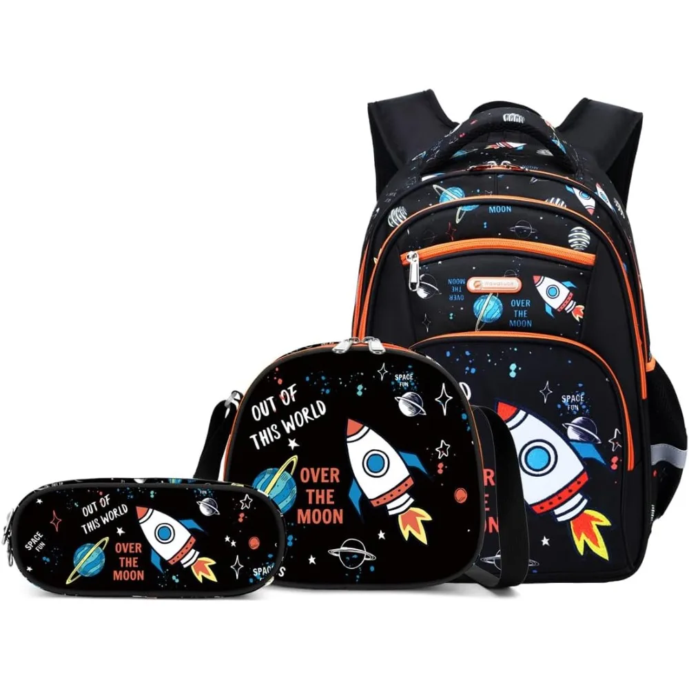 

Boys Backpack with Lunch Box Pencil Case Cute Multi Compartment Preschool Elementary Primary Backpack for Kids Rocket Cartoon