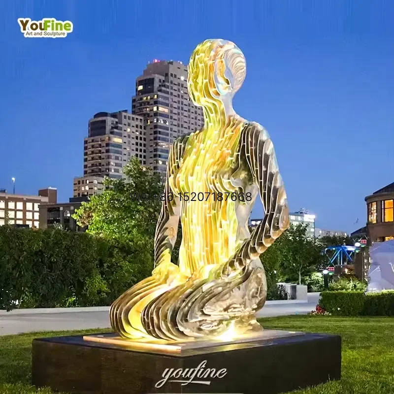 Wmwmnu for YOUFINE Life Size Large Abstract Garden Decor Stainless Steel Kneeling Disappear Statue Sculpture for Outdoor